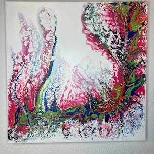 Hand-Painted Abstract Wall Art / Acrylic on Canvas / Blue Green Pink White