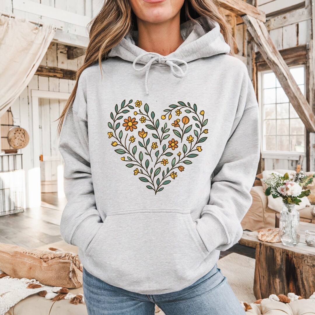 Boho Wildflower Heart Hoodie | Feminine Floral Hoodie | Rustic Boho ...