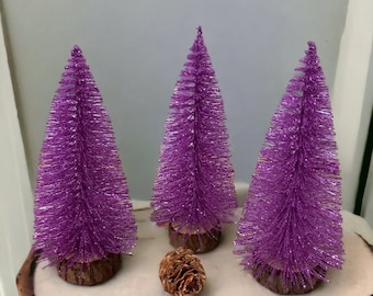 Glittery purple mini artificial Christmas trees, small Christmas tree, Miniature Christmas trees, bottle brush trees, home decor, small tree
