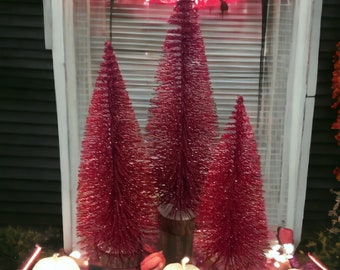 Glittery red mini artificial Christmas trees, small Christmas trees, Halloween display, Miniature Christmas trees, bottle brush trees