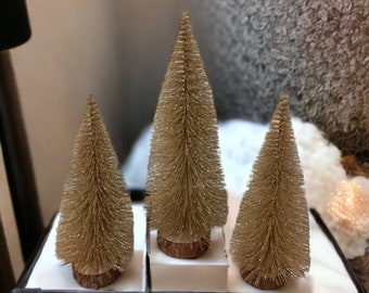 Glittery champagne mini artificial Christmas trees, small Christmas trees Halloween display, Miniature Christmas trees, bottle brush trees