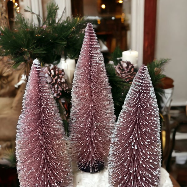 Verschneite roségoldene künstliche Mini-Weihnachtsbäume, kleine Weihnachtsbäume, Halloween-Display, Miniatur-Weihnachtsbäume, Flaschenbürstenbäume
