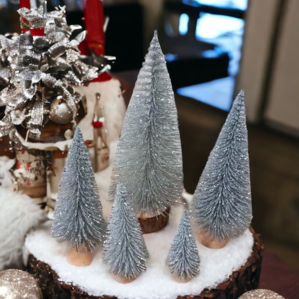 Glittery silver mini artificial Christmas trees, small Christmas tree, Halloween display, Miniature trees, bottle brush trees, home decor