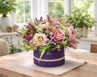 Purple Rose Artificial Flower Arrangement: Floral Hat Box Decor