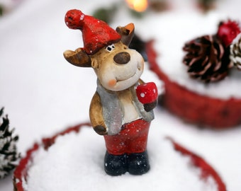 Navidad adorable reno de cerámica, figuras de cerámica navideña, adornos navideños, adornos navideños, figuras DIY, decoraciones para el hogar
