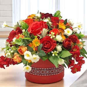 Handmade Silk Flower Arrangement in Hat Box: Orange & Red Decor