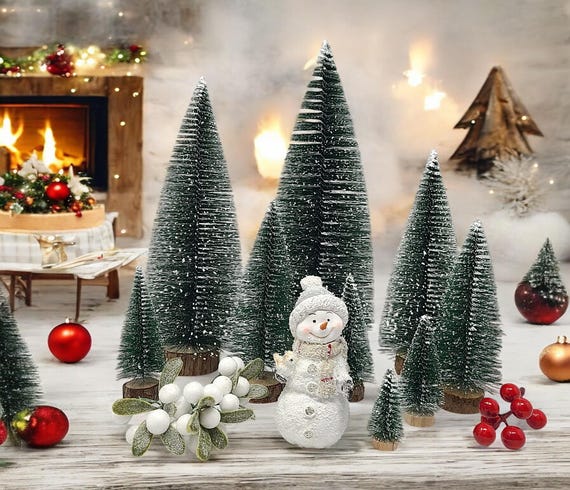 Snowy Green Miniature Christmas Trees: Small Holiday Decor