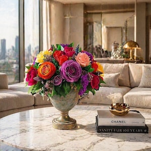 Stort blomsterarrangemang med äkta touch, mittdekoration i metallvas med troféer, blomsterdekoration med ros och pion
