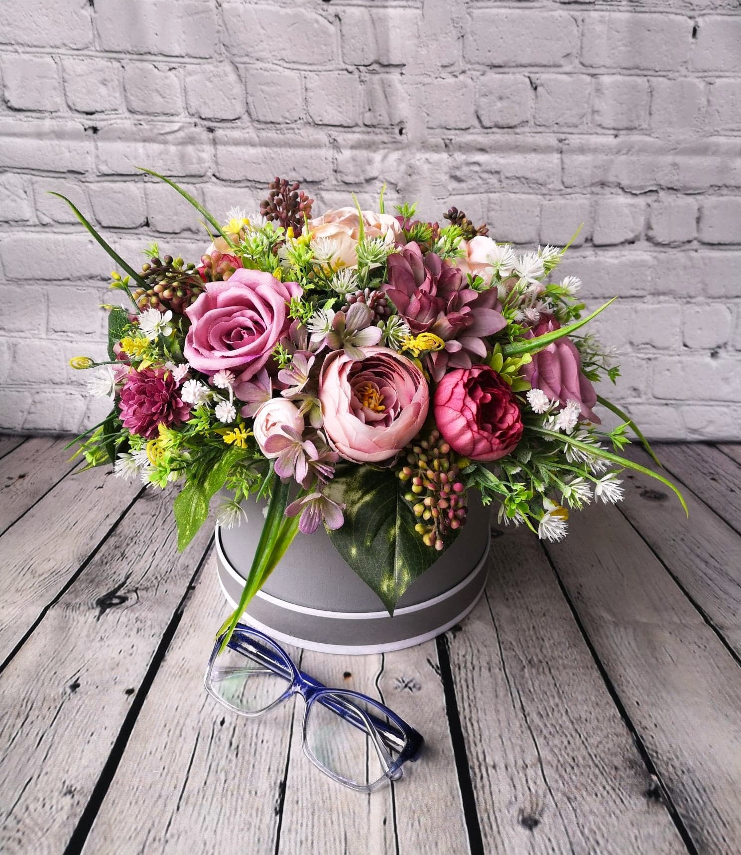 Artificial Flower Arrangement Flower Hat Box Artificial Etsy UK