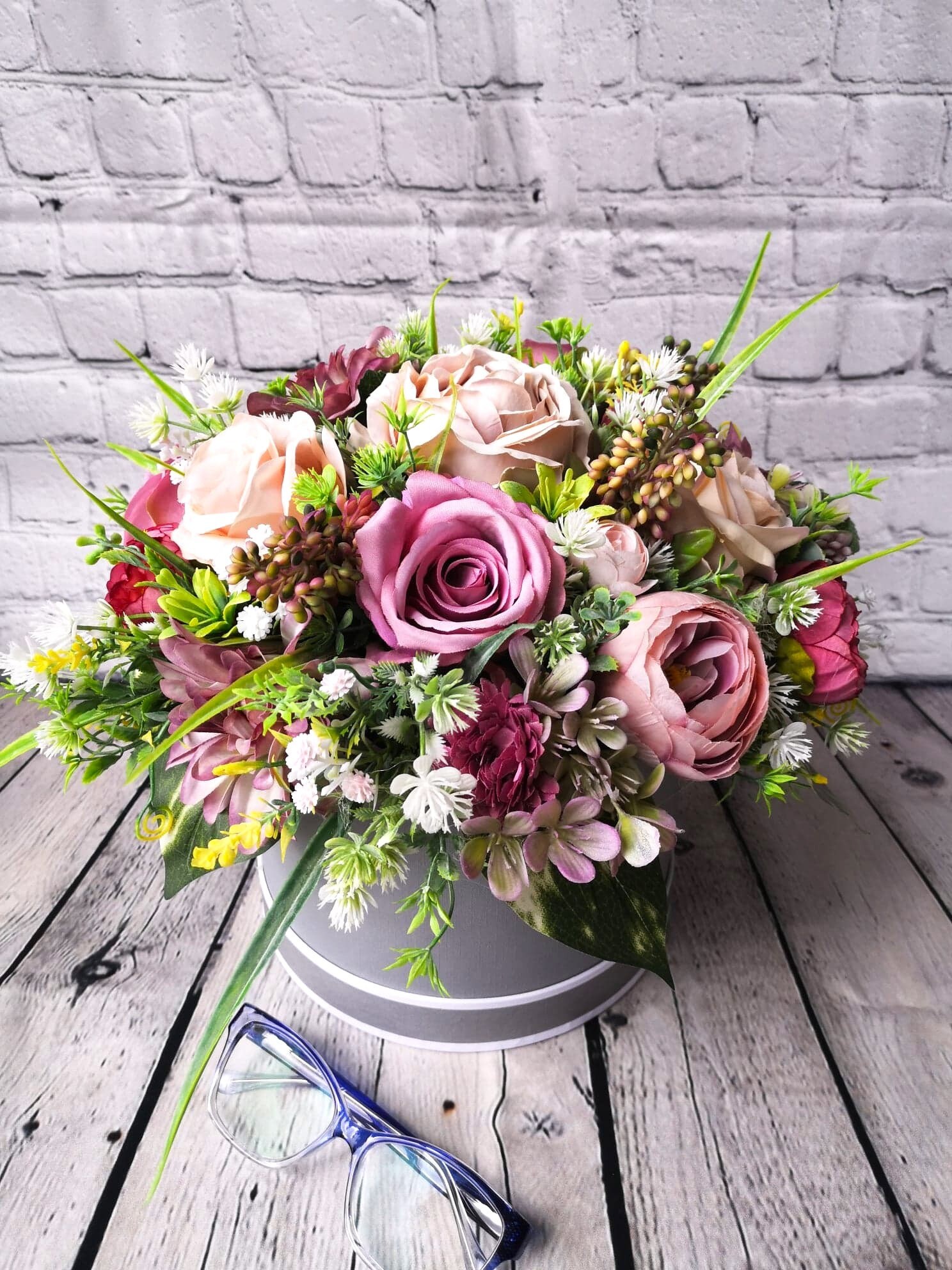 Artificial Flower Arrangement Flower Hat Box Artificial Etsy UK