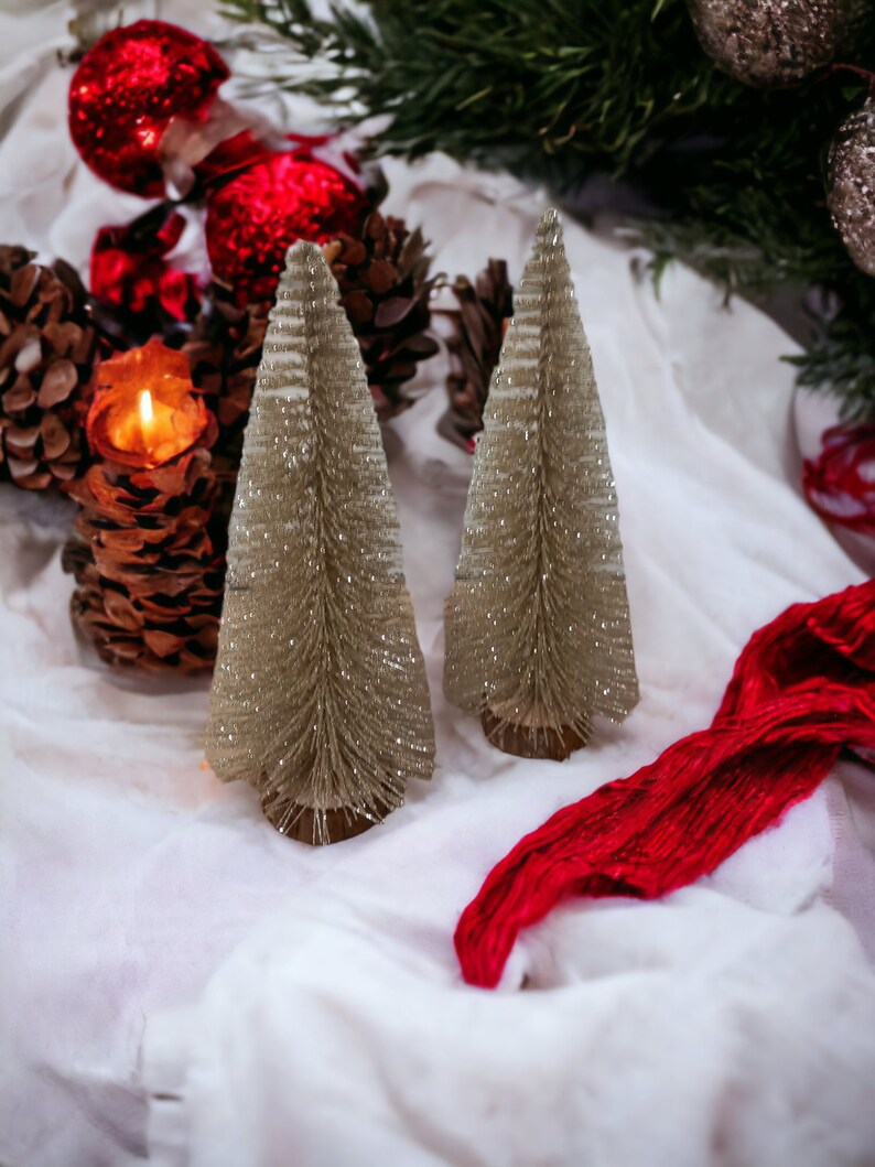 Sparkly champagne mini artificial Christmas trees, Halloween display, Miniature Christmas trees, bottle brush trees, small Christmas trees darker 20cm/8inch