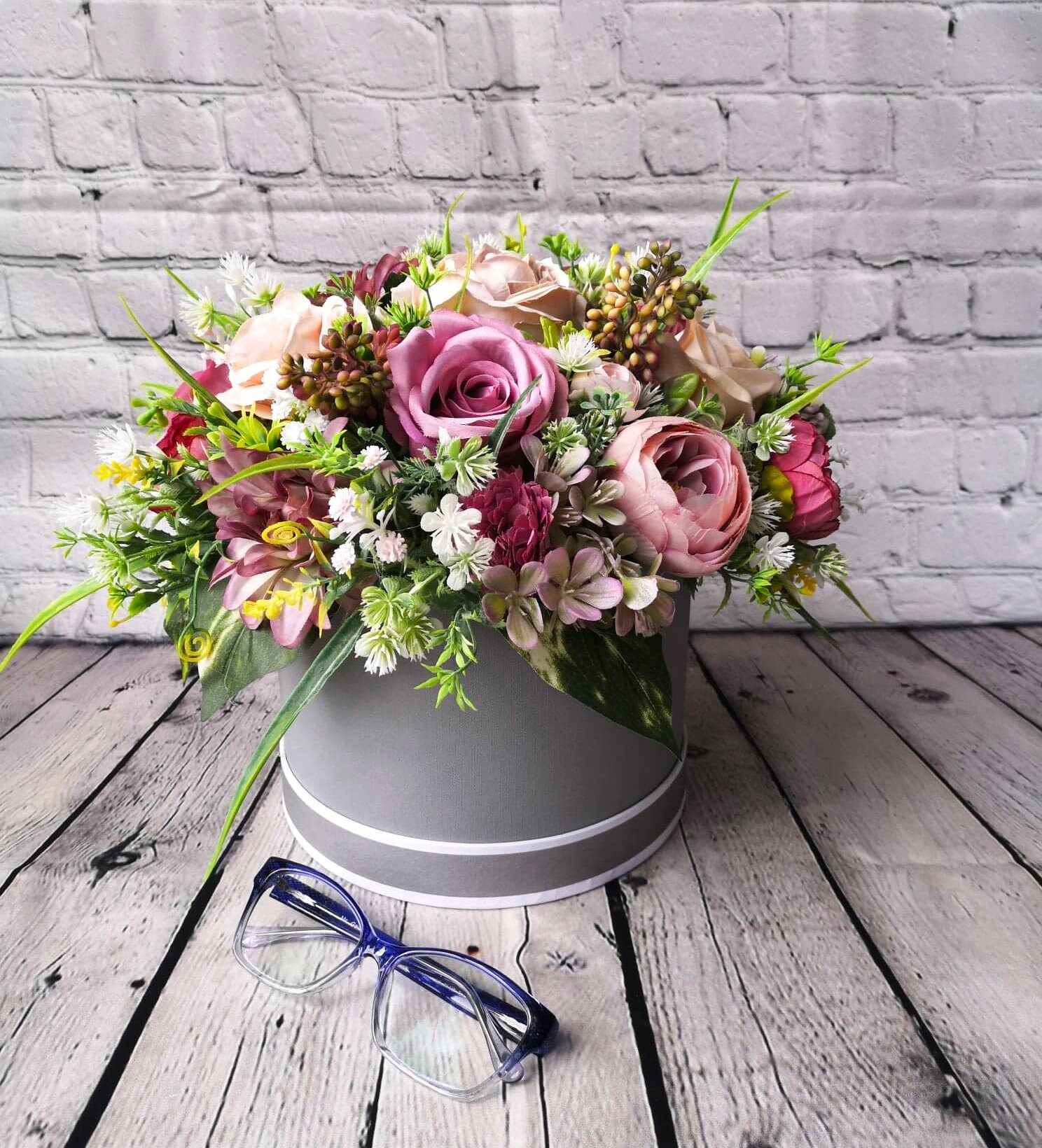 Artificial Flower Arrangement Flower Hat Box Artificial Etsy UK