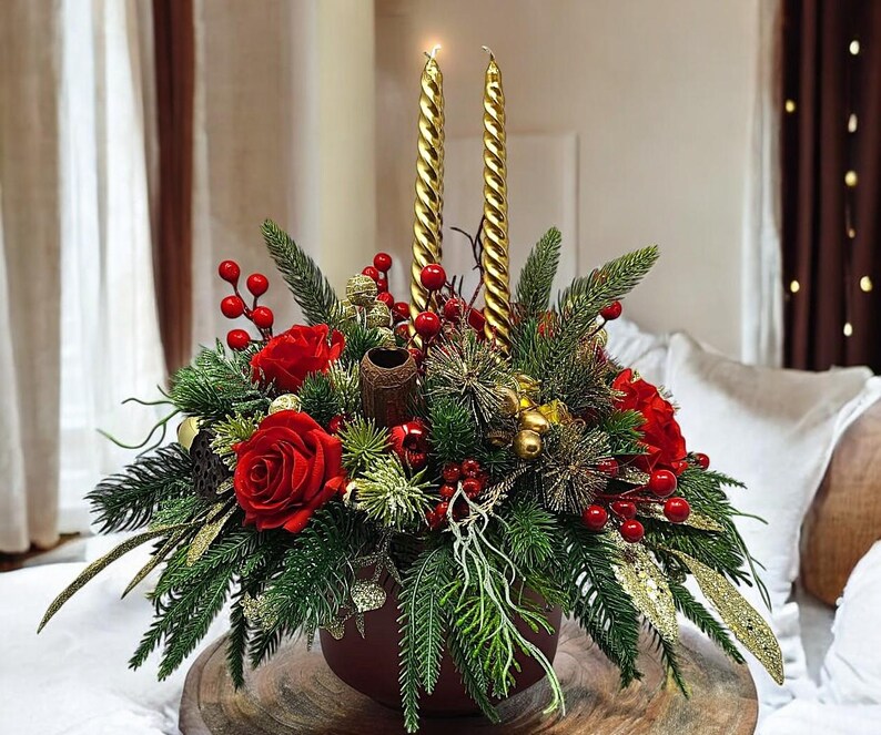 Elegant Red & Gold Floral Christmas Centerpiece With Gold Candles