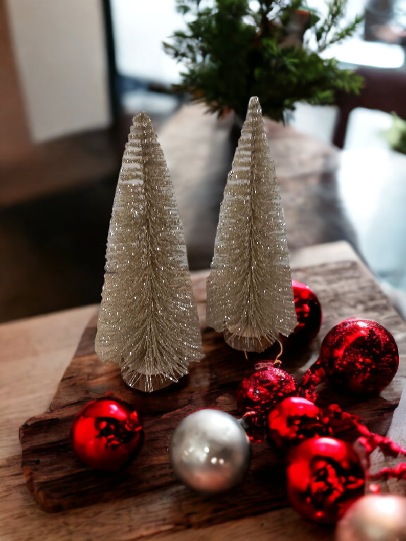 Sparkly champagne mini artificial Christmas trees, Halloween display, Miniature Christmas trees, bottle brush trees, small Christmas trees image 2