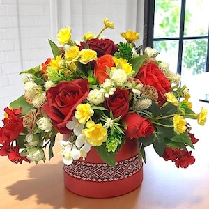 Handmade Silk Flower Arrangement in Hat Box: Orange & Red Decor