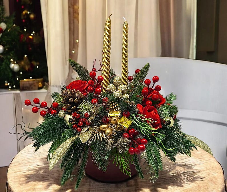 Elegant Red & Gold Floral Christmas Centerpiece With Gold Candles
