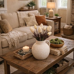 Real Touch Tulips Bouquet, Burgundy Leaves, 6 Designer Colors, Faux Spring Decor