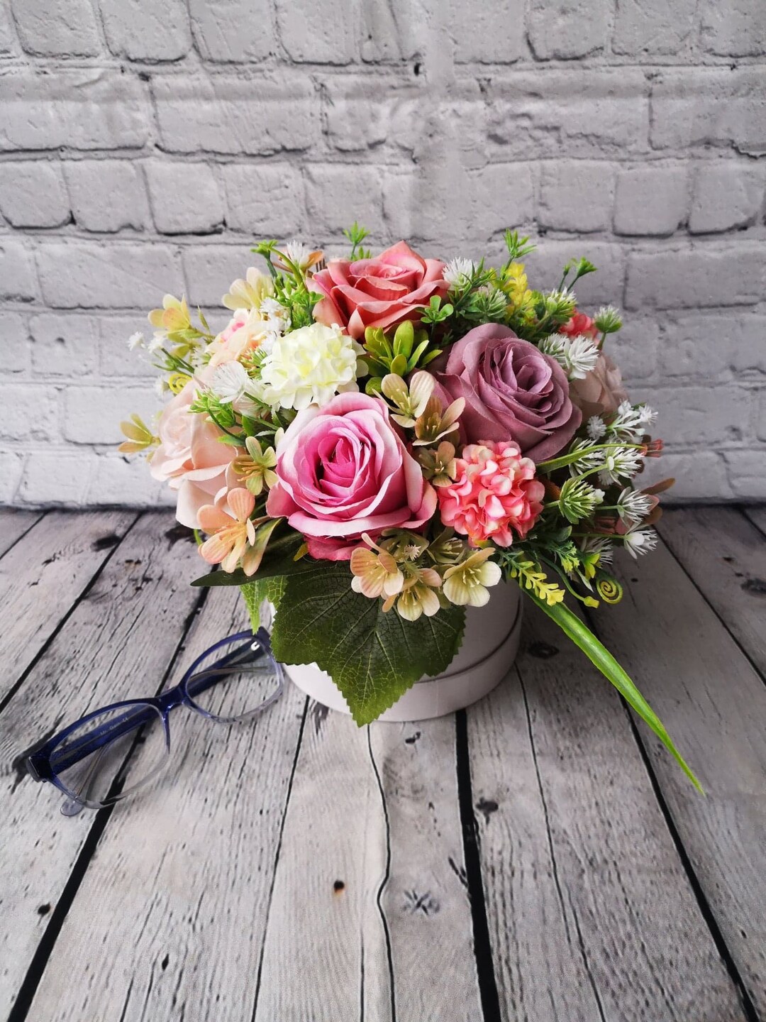 Artificial Flower Arrangement Flower Hat Box Artificial Etsy UK