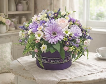 Handmade Lilac Purple Flower Arrangement in Hat Box: Floral Home Decor
