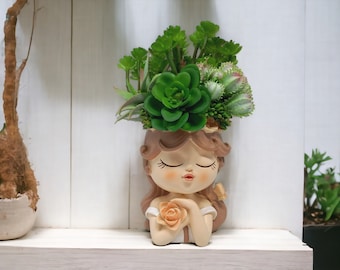 Succulents arrangement in Fairy Girl face pot, artificial floral arrangement, home decor, gift for her, Mothers day gift, face head planter