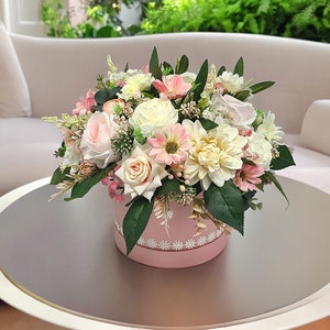 Cream & Pink Artificial Flower Arrangement in Hat Box