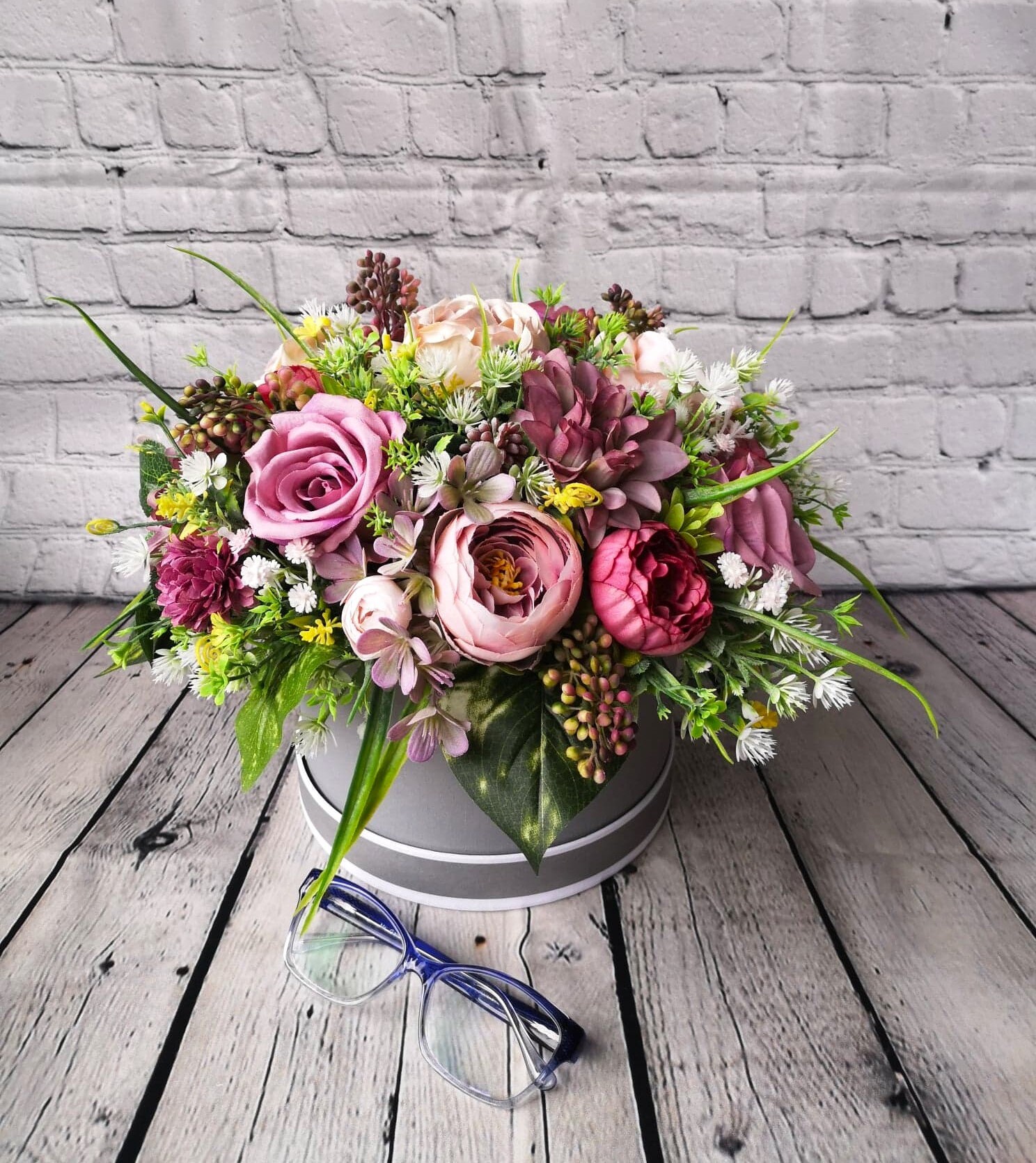 Artificial Flower Arrangement Flower Hat Box Artificial Etsy UK