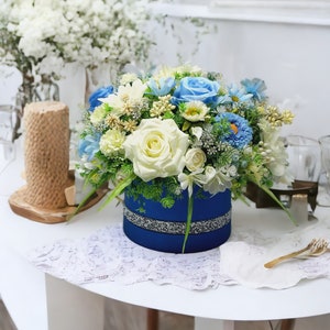 Blue & White Artificial Flower Arrangement in Dark Blue Hat Box