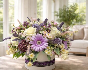 Lilac Artificial Flower Arrangement: Floral Hat Box Centerpiece