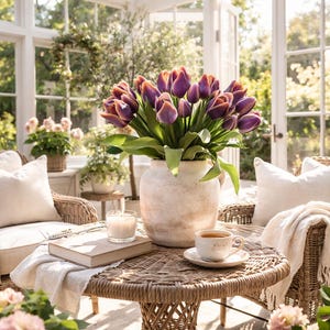 May include: A sunlit interior scene featuring a round wicker table adorned with a vase of purple tulips. A cup of tea, a candle, and a book rest on the table. Wicker chairs and pillows complete the cozy, inviting setting.