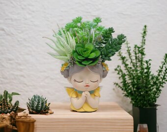 Succulents arrangement in a Fairy Girl face pot, artificial flower arrangement, silk flower, home decor, gift for her, Mothers day gift