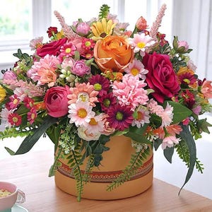 Handmade Silk Flower Arrangement in Hat Box: Orange & Pink Decor