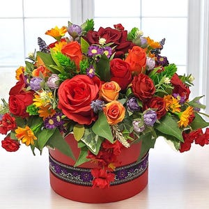Handmade Silk Flower Arrangement in Hat Box: Orange & Red Decor