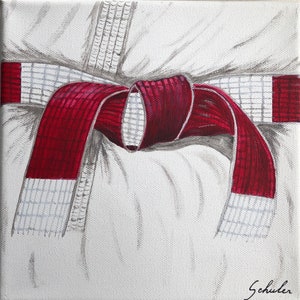 judo, krav maga, karate...: Gift idea of an original painting of the belt. Customizable. White red from 6th dan.