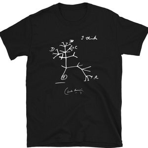 May include: Black t-shirt featuring a white graphic of a tree-like diagram with the text "I think" and the signature "Charles Darwin". The design is a representation of Darwin's evolutionary tree.