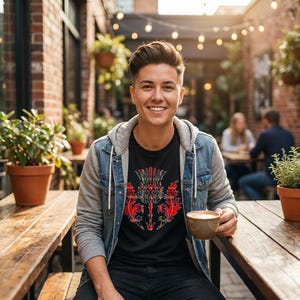 May include: A black t-shirt featuring a stylized red and yellow thistle graphic, worn under a grey hooded denim jacket. The shirt displays a vibrant, geometric floral pattern centered on the chest, paired with a casual, layered outerwear style.
