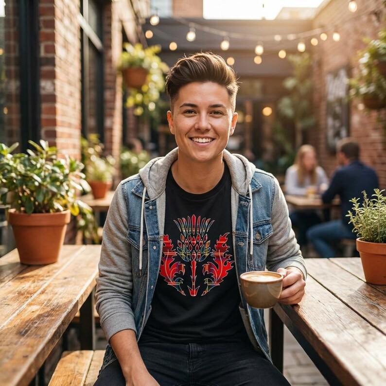May include: A black t-shirt featuring a stylized red and yellow thistle graphic, worn under a grey hooded denim jacket. The shirt displays a vibrant, geometric floral pattern centered on the chest, paired with a casual, layered outerwear style.