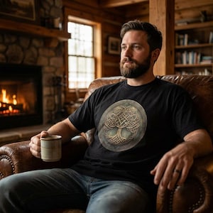 May include: A black short-sleeved t-shirt featuring a circular graphic of a tree with intricate, interwoven knotwork branches and roots in shades of bronze and gold, centered on the chest. The shirt is worn with blue denim jeans and a ceramic mug.