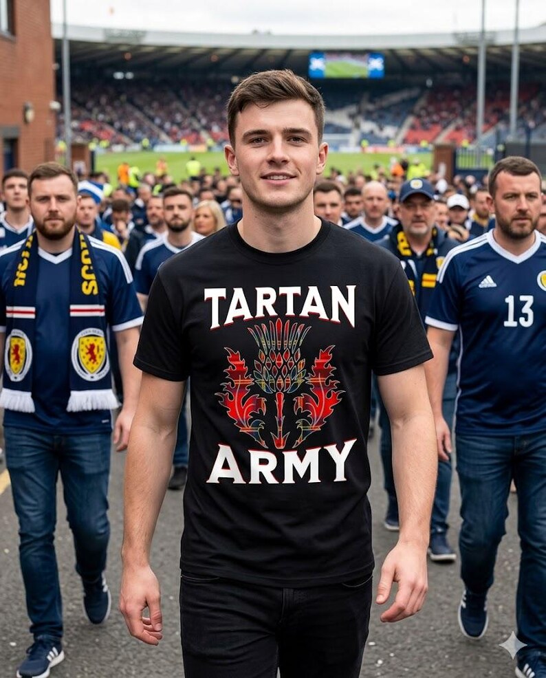 May include: A black t-shirt with the words "TARTAN ARMY" in white, and a red and green thistle design. The shirt is worn by a person walking in a crowd of people, many wearing blue and white scarves and shirts.