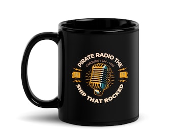Radio Caroline, Retro Pirate Radio Mug - 11oz Black Mug Retro Radio Design