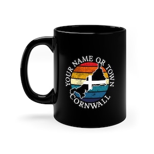 Mug personnalisable Cornouailles - MUG Cornouailles Royaume-Uni - Mug noir de 11 oz avec carte et drapeau des Cornouailles