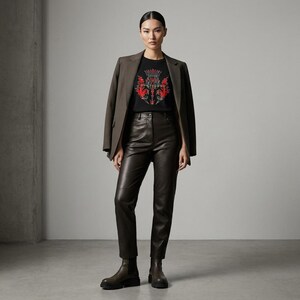 May include: A dark brown blazer worn over a black t-shirt featuring a red and grey graphic print on the chest. The outfit includes dark brown leather trousers and matching dark brown ankle boots with a thick sole and a side elastic panel.