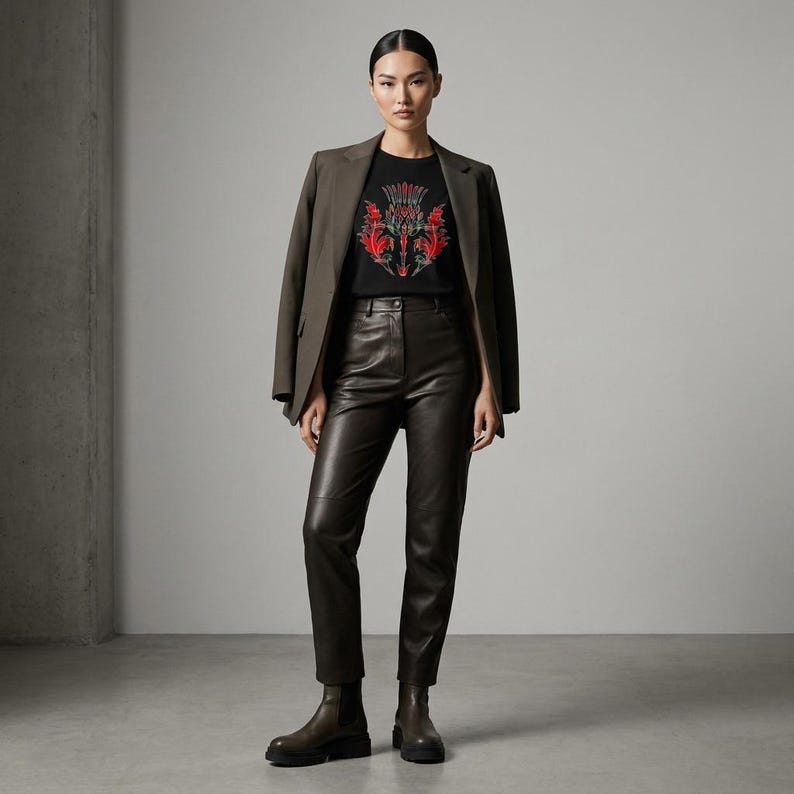 May include: A dark brown blazer worn over a black t-shirt featuring a red and grey graphic print on the chest. The outfit includes dark brown leather trousers and matching dark brown ankle boots with a thick sole and a side elastic panel.