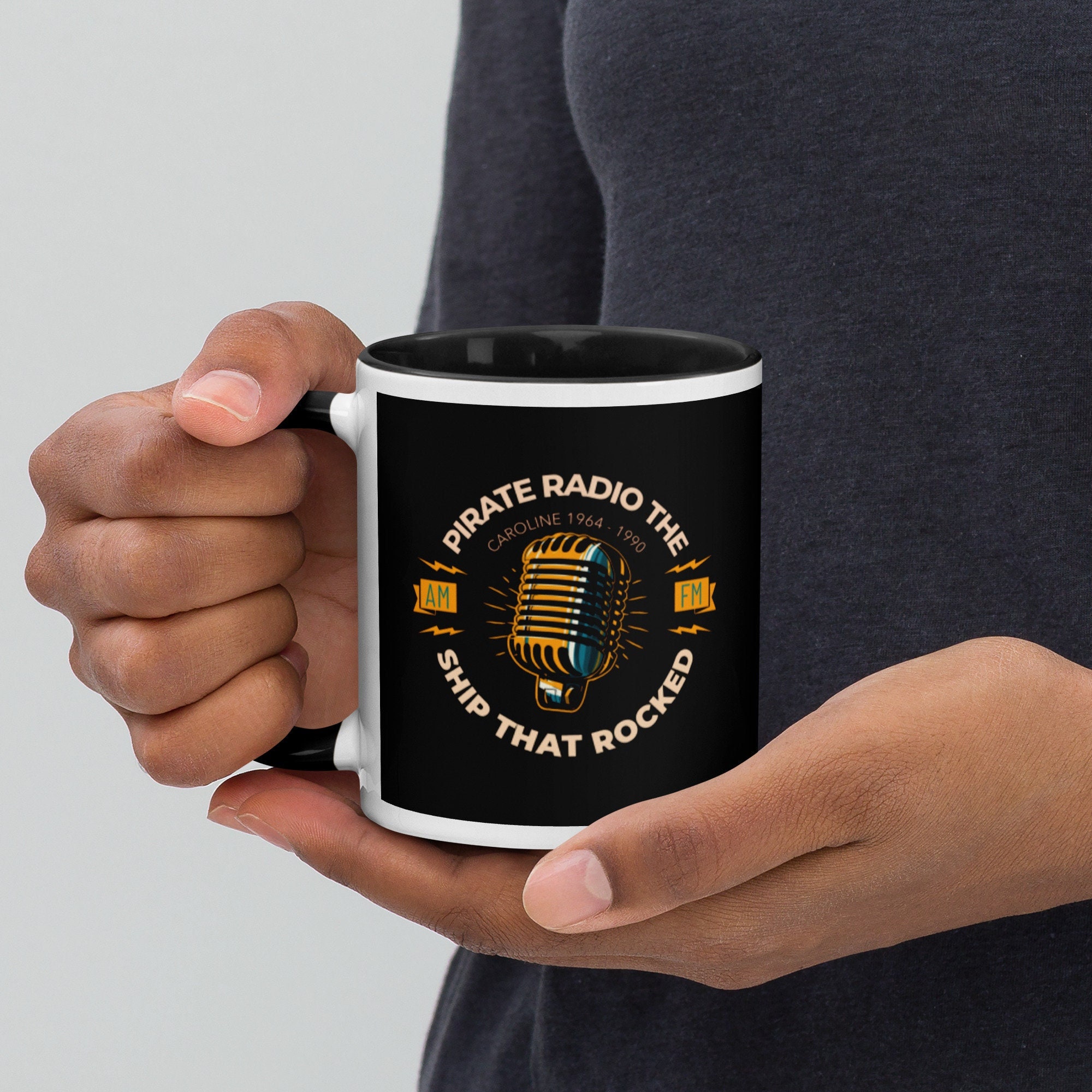 Radio Caroline, Retro Pirate Radio Mug with Color Inside FREE Local Shipping to USA, UK & European Union