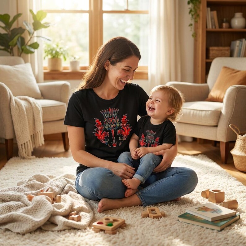 May include: Two black t-shirts featuring a vibrant red and blue thistle graphic on the chest. The shirts are worn by an adult and a toddler, both paired with blue denim jeans. The thistle design displays intricate, colorful, and symmetrical patterns.