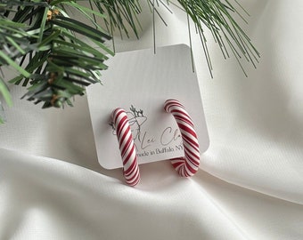 Candy cane earrings, clay Christmas earrings, holiday hoop earrings, Christmas jewelry for women, Christmas stocking stuffer for tweens