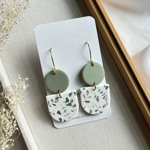 Green floral clay earrings, handmade unique earrings for women, lightweight everyday earrings,