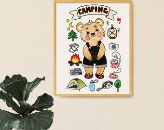 Camping Adventure nursery art print, Camping Bear Poter,Digital Nursery printable art, Children's art Happy Camper Adventure print