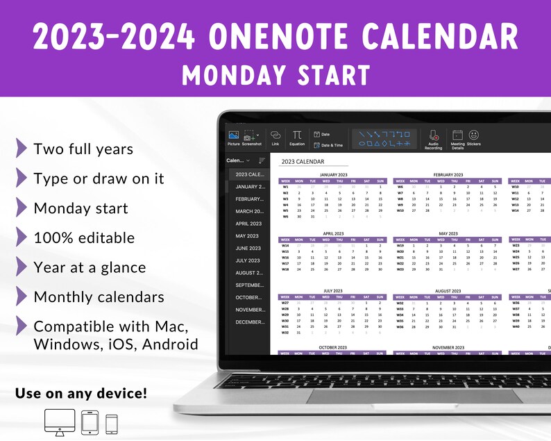 2023 2024 Onenote Calendar Editable Template Onenote Etsy