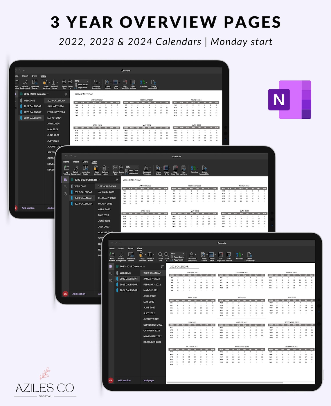 2022 2024 Onenote Calendar Editable Template Onenote Etsy