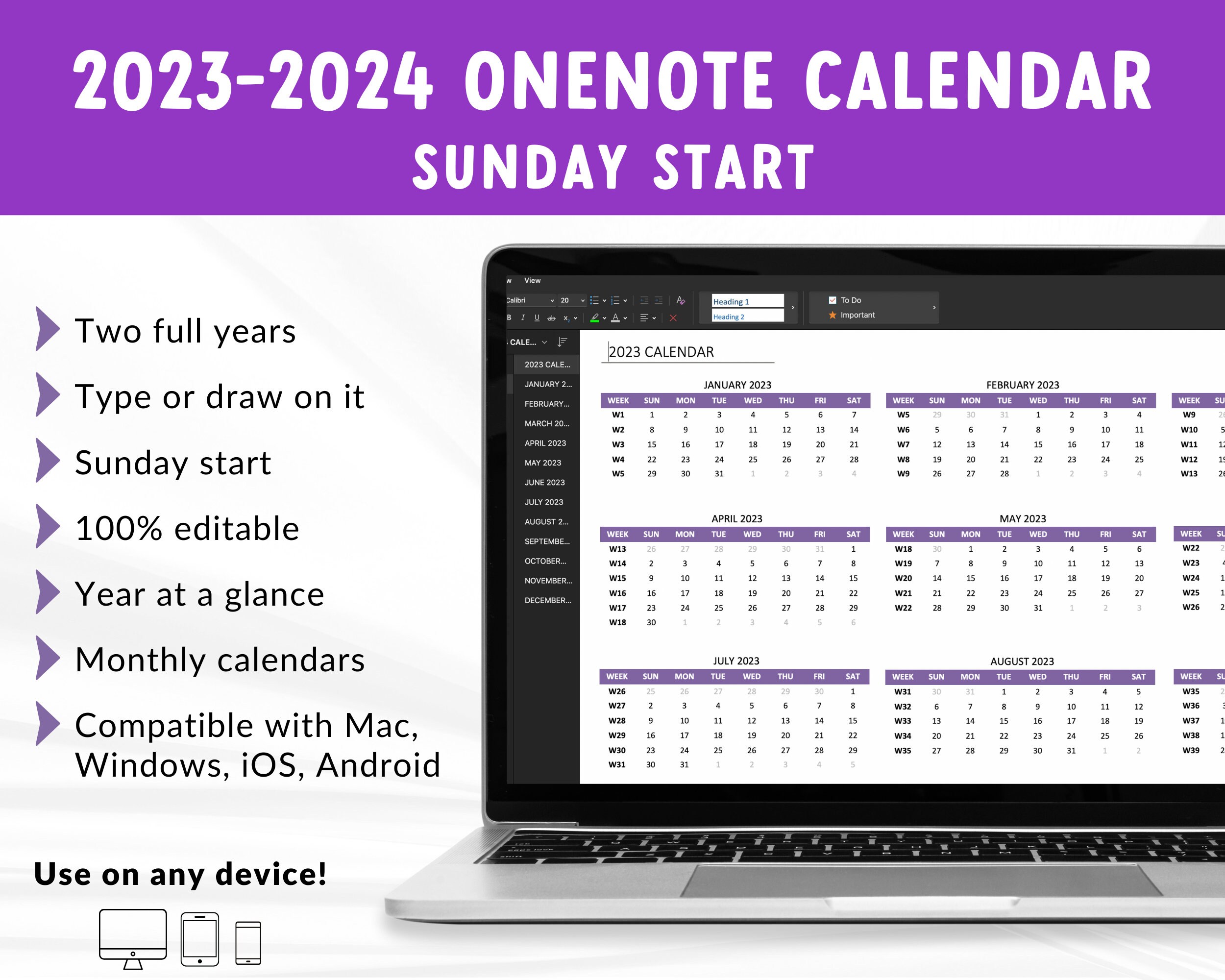 2023 2024 Onenote Calendar Editable Template SUNDAY START - Etsy
